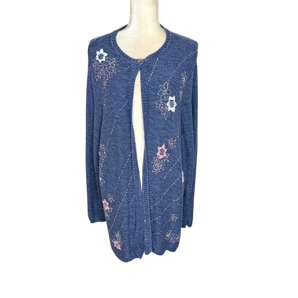 VINTAGE LINDEN HILL Women's 3X Knit Cardigan Sweater Blue Floral Cottage Granny